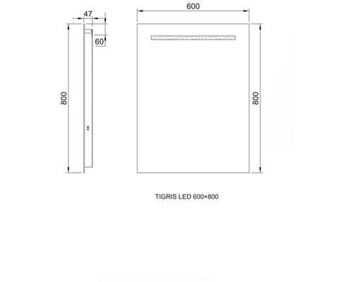 Technische tekening van een spiegel met ledverlichting, afmetingen 600x800 millimeter