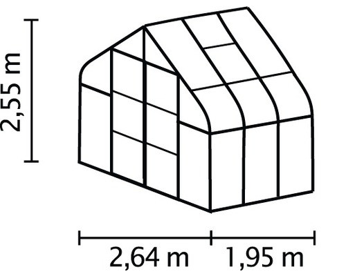 Schets van een kas met afmetingen: 2,55 meter hoog, 2,64 meter en 1,95 meter breed