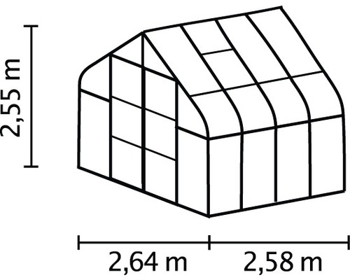 Schets van een kas met de afmetingen 2,55 meter hoog, 2,64 meter en 2,58 meter breed