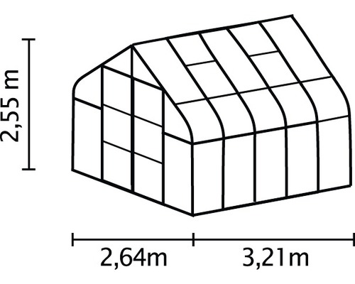 Afbeelding van een kas met afmetingen: 2,55 meter hoog, 2,64 meter plus 3,21 meter lang.