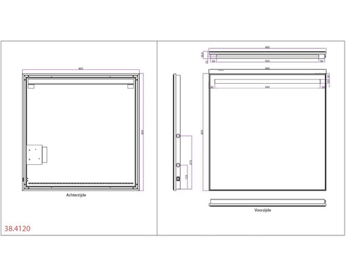 Technische tekening van een spiegelkast met afmetingen