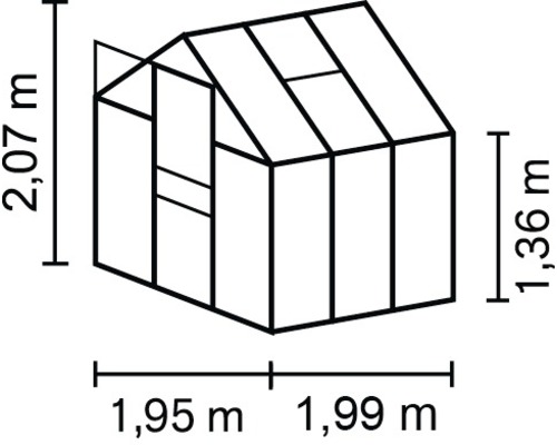 Afmetingen kas: 1,95 meter maal 1,99 meter maal 2,07 meter