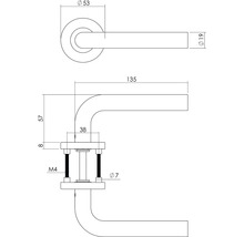 Technische tekening van een deurkruk met maatvoering