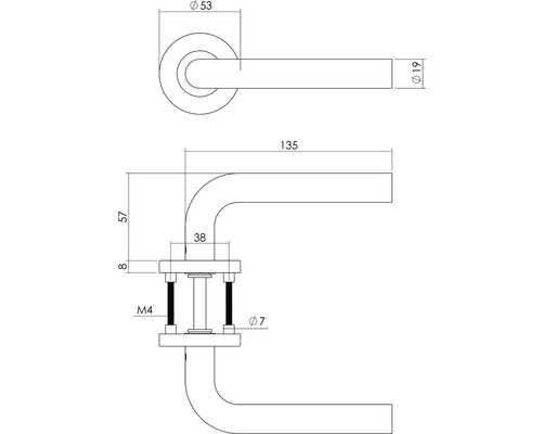 Technische tekening van een deurkruk met maatvoering