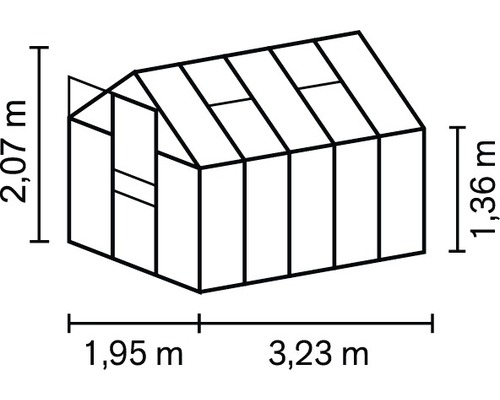 Schema van de kas met een hoogte van 2,07 meter, een zijhoogte van 1,36 meter, een breedte van 1,95 meter en een lengte van 3,23 meter