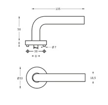 Technische tekening van een deurklink met afmetingen