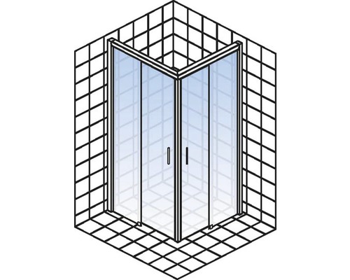 Hoekdouche met twee glazen deuren in een badkamer met tegels