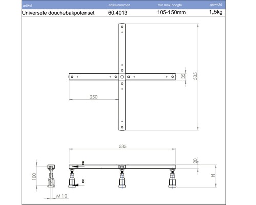 Technische tekening van een universele douchebakpotenset met afmetingen