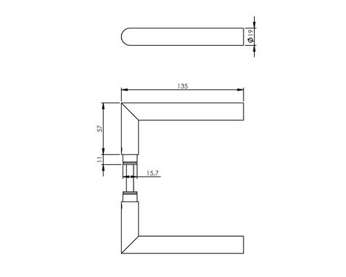 Technische tekening van een deurklink met maatvoering.