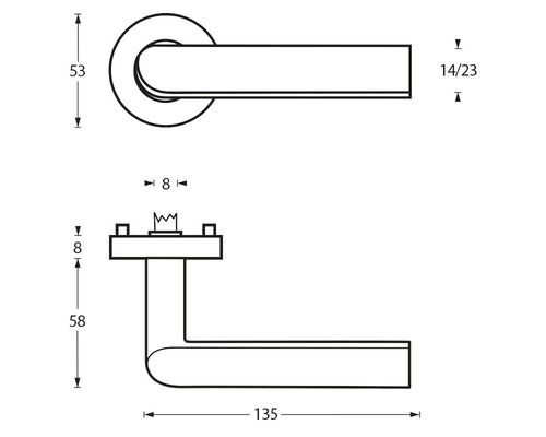 Technische tekening van een deurklink met afmetingen