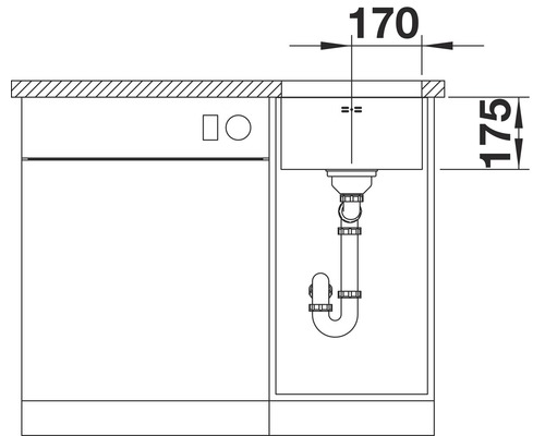 Installatieplan van een spoelbak met afmetingen van 170 bij 175 millimeter.