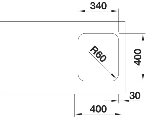 Technische tekening van een wastafelblad met afmetingen.