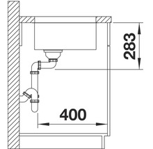 Technische tekening van een spoelbak met de afmetingen 283 en 400