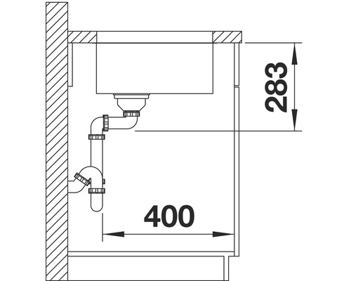 Technische tekening van een spoelbak met de afmetingen 283 en 400