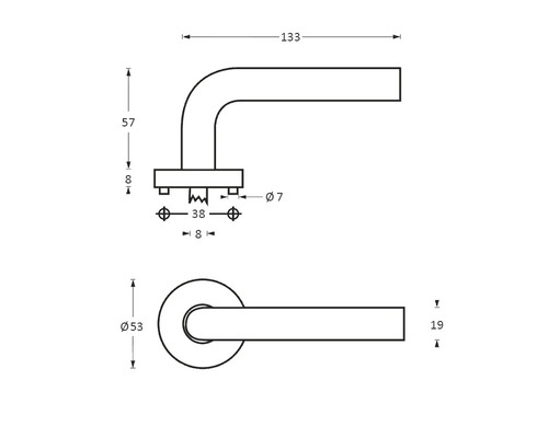 Technische tekening van een deurklink met afmetingen