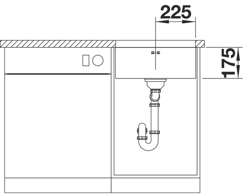 Technische tekening van een gootsteen met afmetingen van 225 bij 175 millimeter.