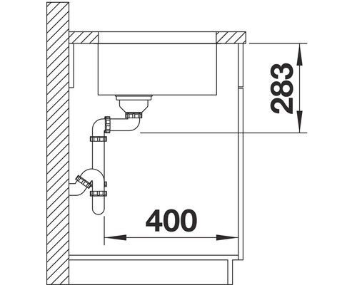 Technische tekening van een spoelbak met afmetingen 400 en 283
