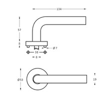 Technische tekening van een deurkruk met afmetingen