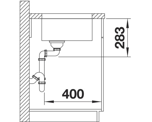 Technische tekening van een gootsteen met afmetingen