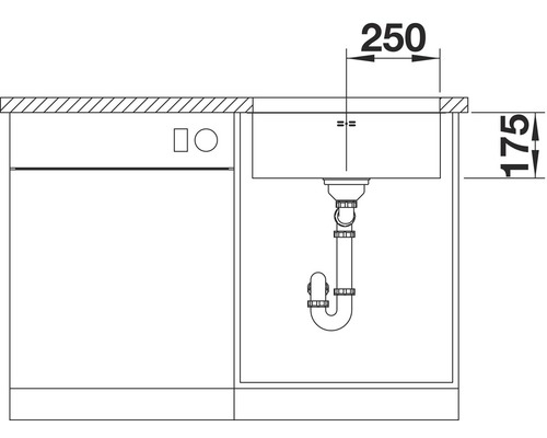 Technische tekening van een gootsteen met afmetingen