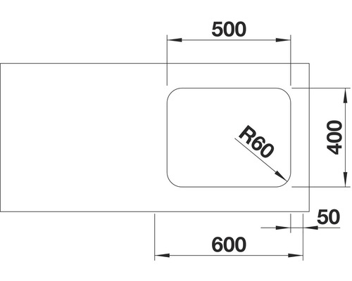 Schets van een wastafelblad met uitsparing voor wasbak en afmetingen
