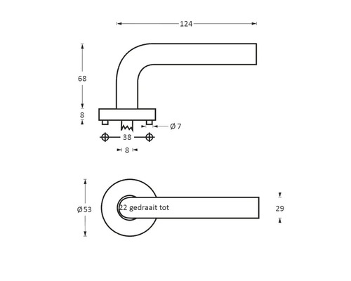 Technische tekening van een deurklink met afmetingen.