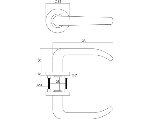 Technische tekening van een deurklink met afmetingen