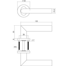 Technische tekening van een deurklink met afmetingen