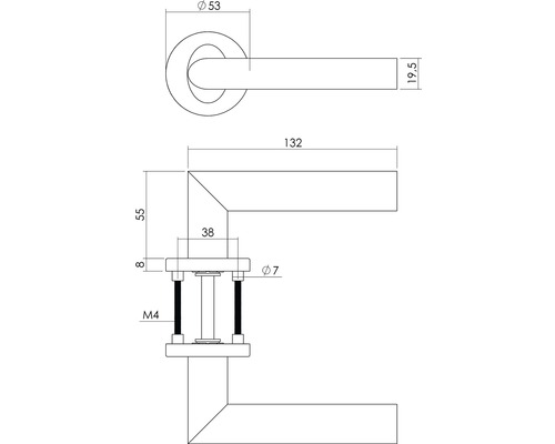 Technische tekening van een deurklink met afmetingen