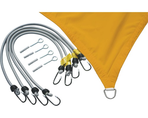 Geel zonnescherm met spanbanden en bevestigingsmateriaal