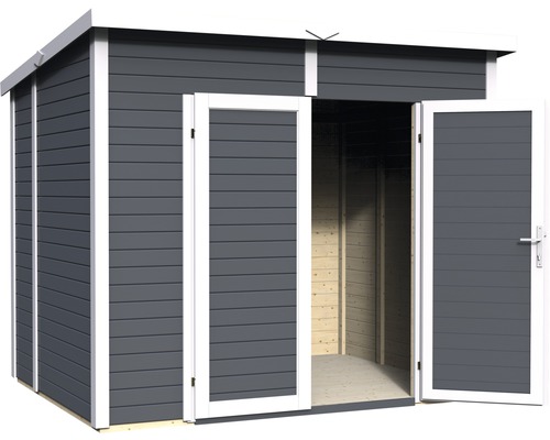 Grijze houten gereedschapsschuur met open deuren