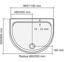 Maattekening van een douchebak met afmetingen 960/1100 mm lengte, 820/900 mm breedte en een radius van 480/550 mm.