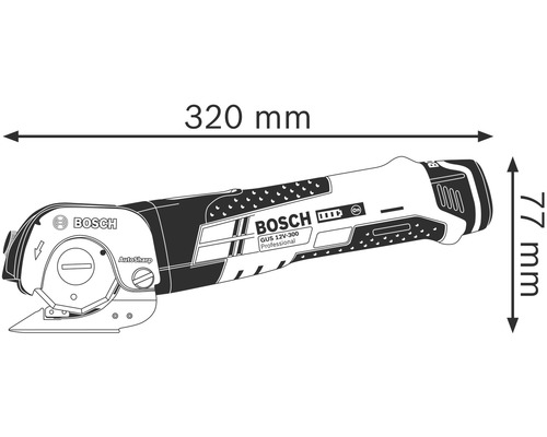 Bosch accuschaar GUS 12V-300 Professional met afmetingen 320 mm lengte en 77 mm hoogte