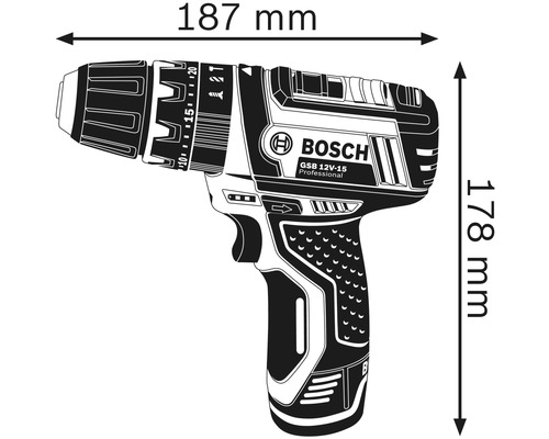Afbeelding van een Bosch GSB 12V-15 Professional accuslagschroevendraaier met maatvoering: 187 mm lang en 178 mm hoog