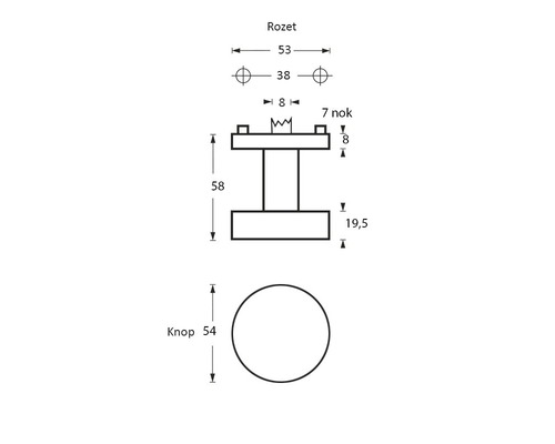 Technische tekening van een meubelknoprozet met maatvoering
