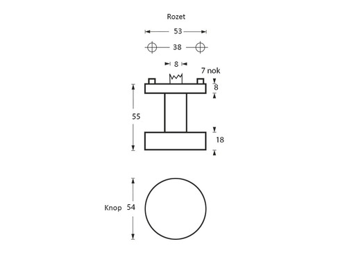 Technische tekening van knop en rozet met afmetingen