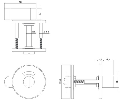 Technische tekening van een toiletdeurslot met afmetingen