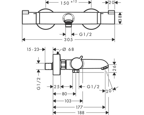 Technische tekening van een kraan met afmetingen