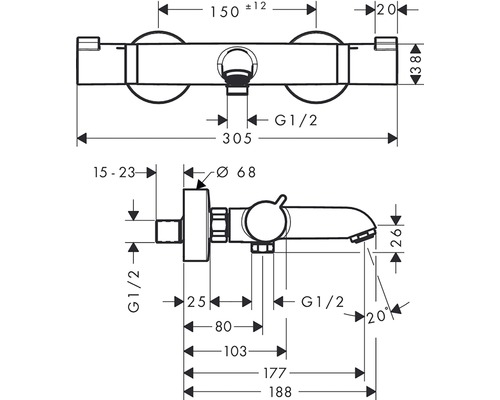 Maattekening van een kraan met alle afmetingen