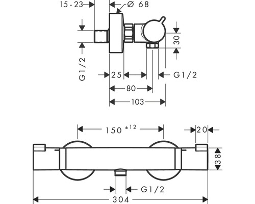 Technische tekening van een kraan met maatvoering