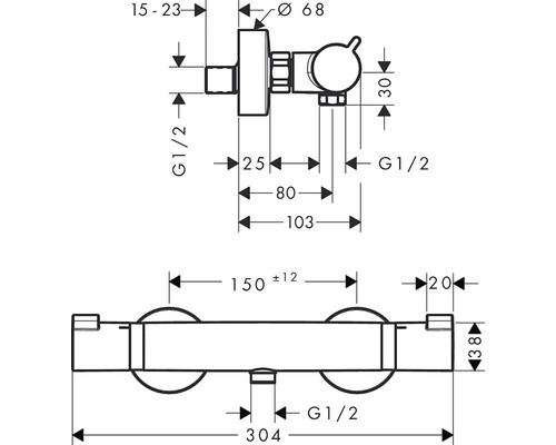 Technische tekening van een douchearmatuur met afmetingen