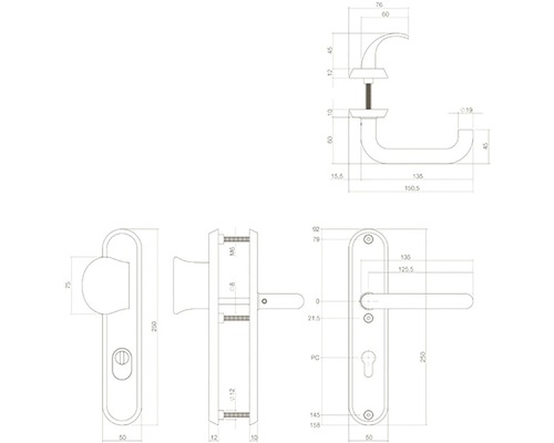 Technische tekening van een deurklink met afmetingen
