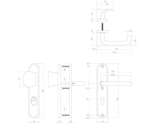 Technische tekening van een deurkruk met maatvoering