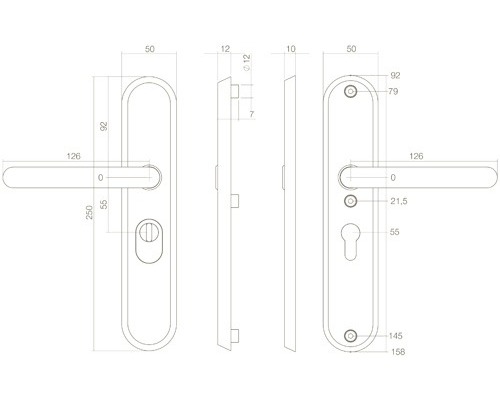 Technische tekening van een langschildbeslag met afmetingen.