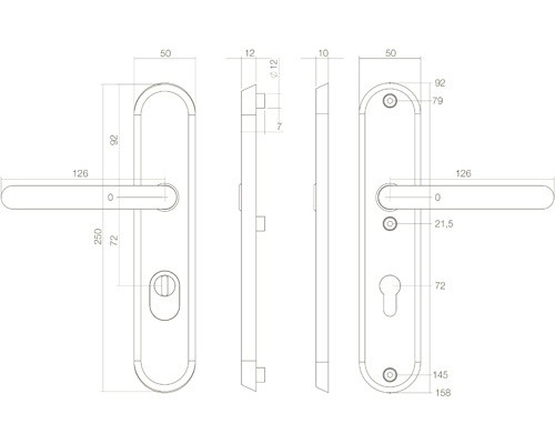 Technische tekening van een deurbeslag met maatvoering