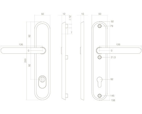Technische tekening van een deurklink met maatvoering