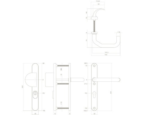 Technische tekening van een raamkruk met maatgegevens