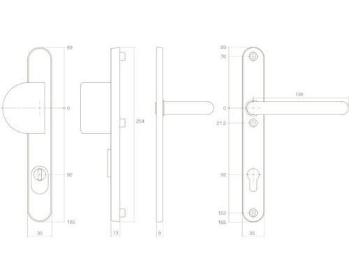 Technische tekening van een raamkruk met afmetingen