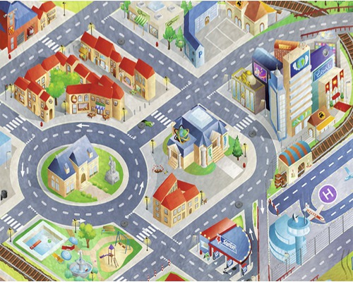 Illustratie van een stadsgezicht met gebouwen, straten, rotonde en groene zones.