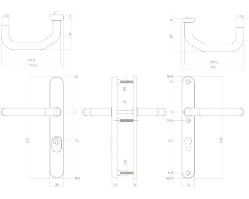 Technische tekening van een deurklink met afmetingen